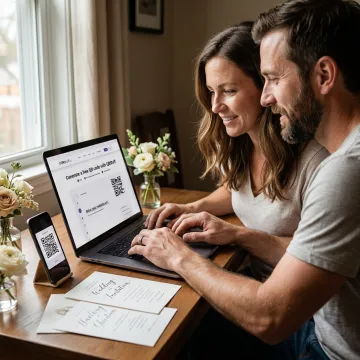 Couple creating a wedding QR code on a laptop