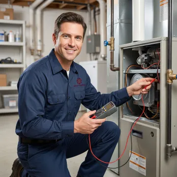 Emergency HVAC technician working on heating system in Rye NY home