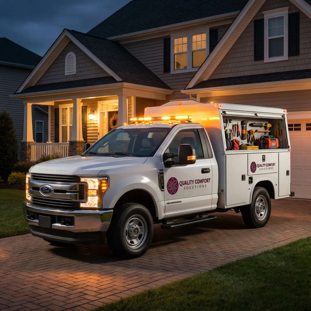 Emergency HVAC service van arriving at Rye NY residence at night