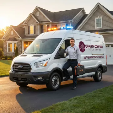 Emergency HVAC service truck arriving at residential property