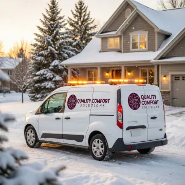 Emergency HVAC service truck arriving at White Plains residence during winter