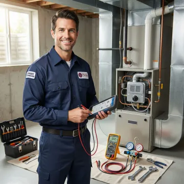 Emergency HVAC technician working on heating system repair in Greenburgh home