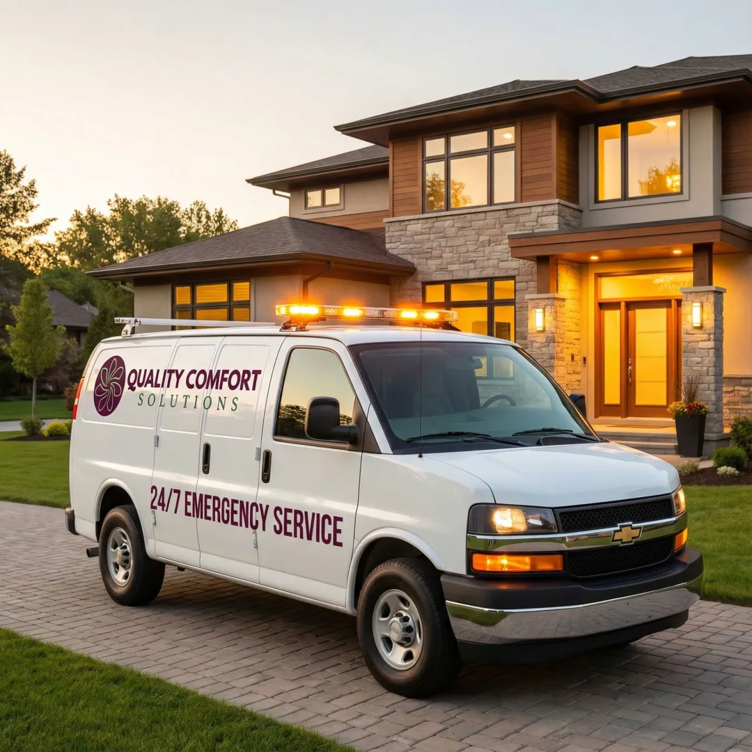 Emergency HVAC service truck arriving at Yorktown residence during night call