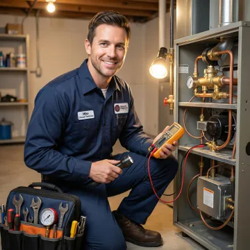 Emergency HVAC technician working on heating system repair in Yorktown home