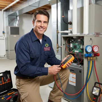 Emergency HVAC technician working on heating system in residential home