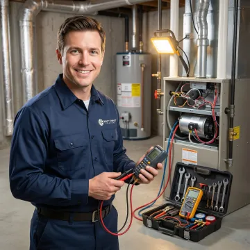 HVAC technician performing emergency furnace repair at night