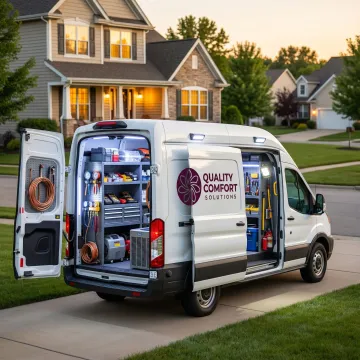 Emergency HVAC service van arriving at residential home