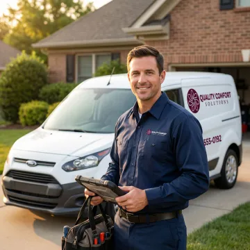 HVAC service van arriving for emergency call with technician and equipment