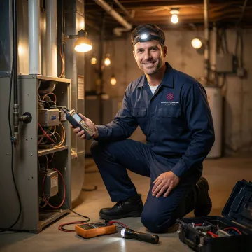 Emergency HVAC technician working on heating system repair at night