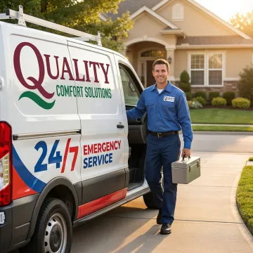 Emergency HVAC service van arriving at residential home