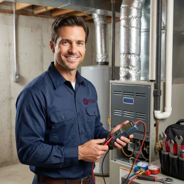 Emergency HVAC technician working on heating system in Tarrytown home