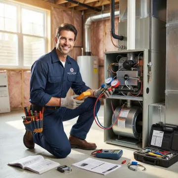 Emergency HVAC technician working on heating system repair in Mount Kisco home