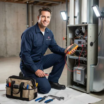 Emergency HVAC technician working on heating system repair in Scarsdale home