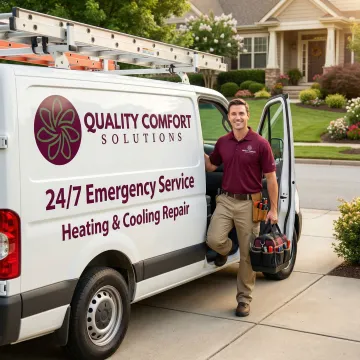 Quality Comfort Solutions emergency HVAC service truck arriving at Scarsdale residence