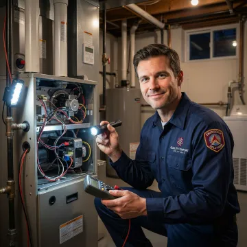 Emergency HVAC technician working on heating system at night