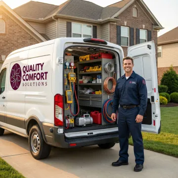 HVAC emergency service truck arriving at residential home