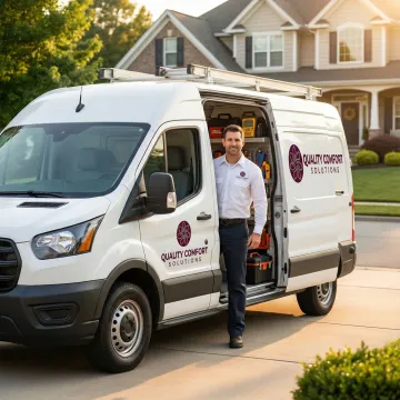 Emergency HVAC service truck arriving at residential home in Larchmont
