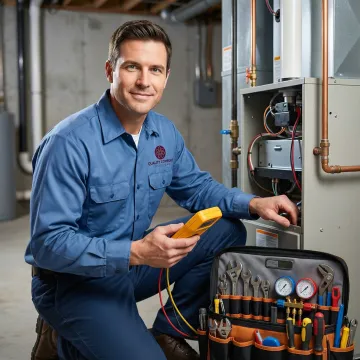 Emergency HVAC technician working on heating system repair in Larchmont home