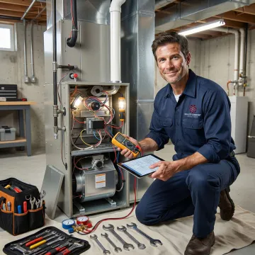 Emergency HVAC technician working on heating system repair in Port Chester home