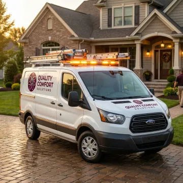 Emergency HVAC service van arriving at residential home