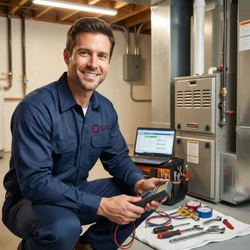 Emergency HVAC technician working on heating system repair at night