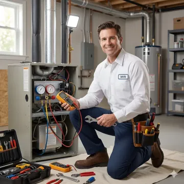 Emergency HVAC technician working on residential heating system repair