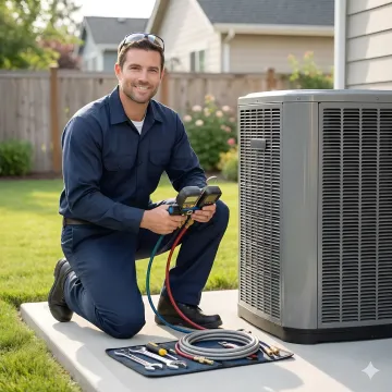 Professional HVAC technician installing new residential air conditioning unit