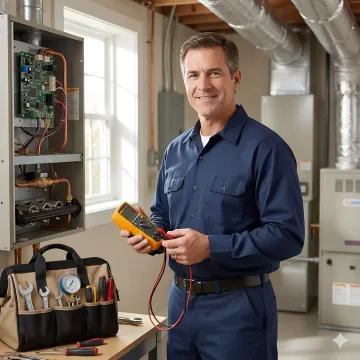 HVAC technician performing emergency repair service on residential heating system