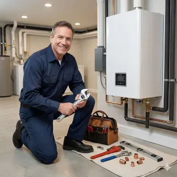 Professional technician installing residential boiler system