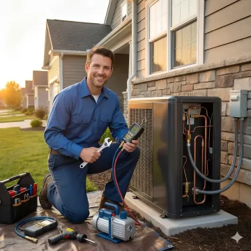 Professional heat pump installation technician working on outdoor unit in Yonkers residential setting