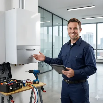 Commercial HVAC technician installing central heating system in modern office building