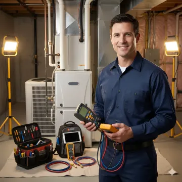 Emergency HVAC technician working on heating system during late night service call