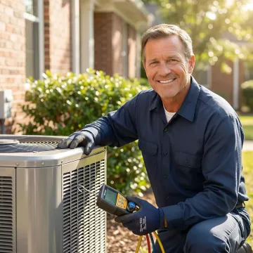 HVAC technician performing AC maintenance on outdoor unit in Westchester FL