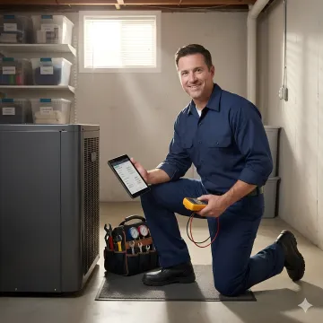 Professional HVAC technician repairing heating and cooling system