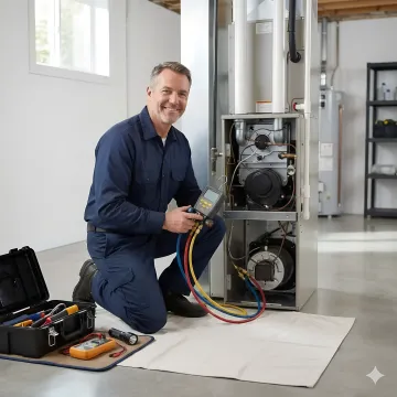 Professional HVAC technician repairing residential heating system in Mount Vernon home