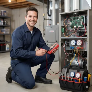 Emergency HVAC technician repairing heating system in Westchester home during winter