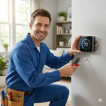 Professional technician installing smart thermostat on wall