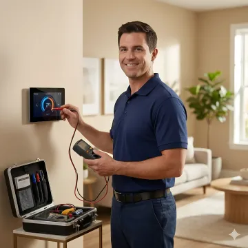 Professional HVAC technician repairing digital thermostat on wall