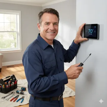 Professional technician installing modern smart thermostat on wall