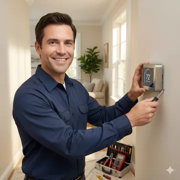 Professional technician installing smart thermostat on wall