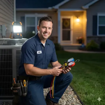 Emergency HVAC technician repairing air conditioning system during urgent service call
