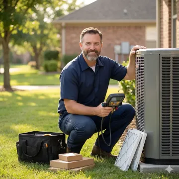 HVAC technician repairing heat pump unit outside residential home