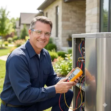 Heat pump technician using diagnostic equipment on residential system