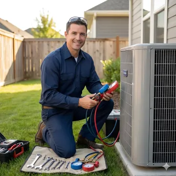 Professional HVAC technician performing air conditioning maintenance and repair service