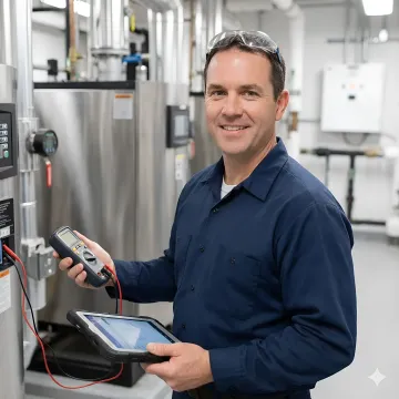 Technician inspecting boiler components during repair service