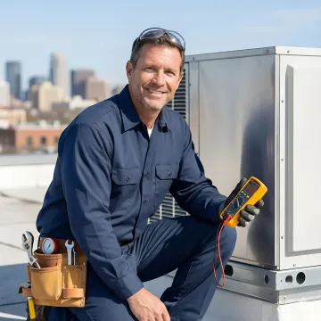 Commercial HVAC technician performing preventive maintenance on rooftop unit