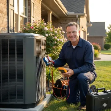 HVAC technician performing maintenance on residential heat pump system