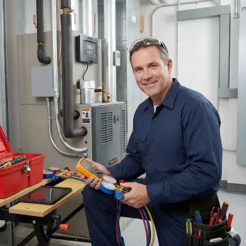 HVAC technician performing emergency heating repair in commercial building