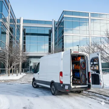 Commercial building with HVAC emergency service van parked outside