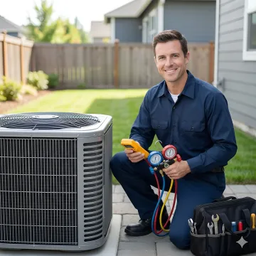 HVAC technician repairing air conditioning unit in New Rochelle home